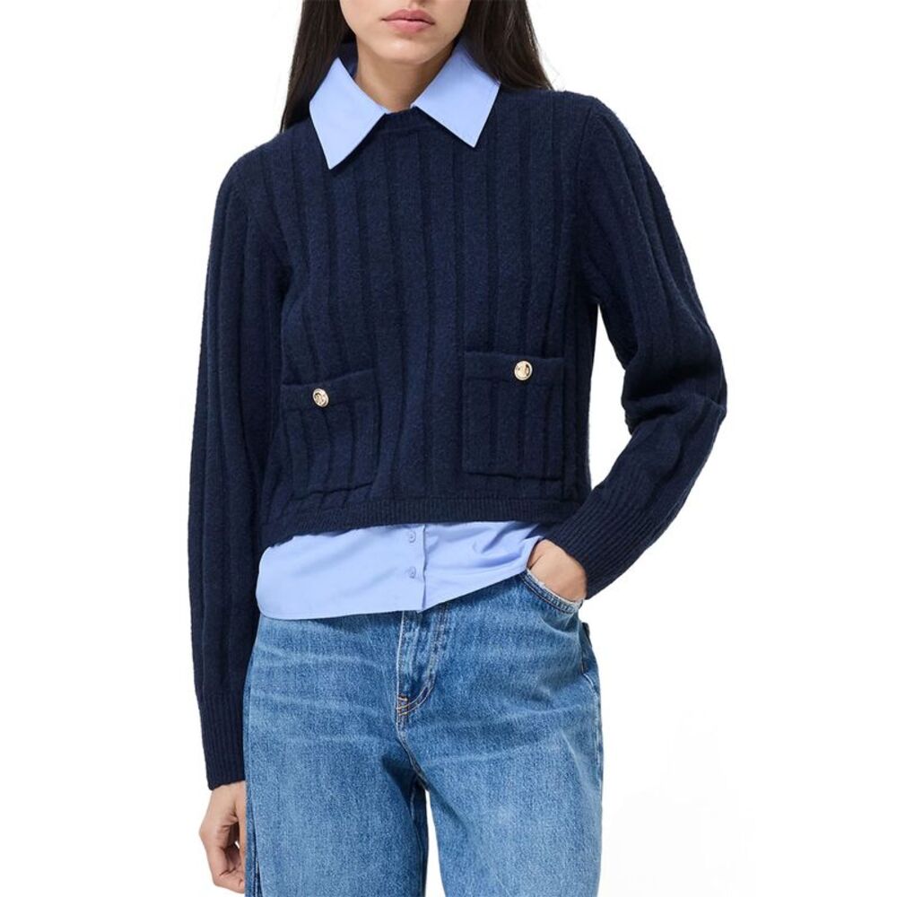 French Connection Womens Ellie Combo Knit Sweater L Marine/Light Royal Blue  NWT